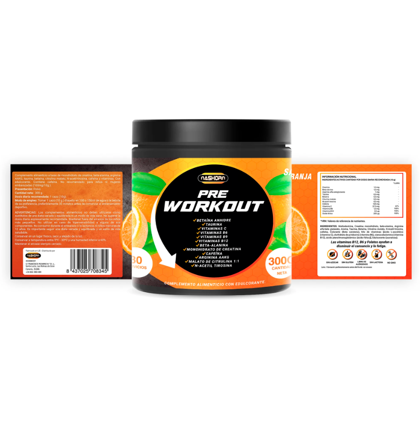 Pre-Entreno Halal Sabor Naranja – Energía y Rendimiento Máximo (300g)