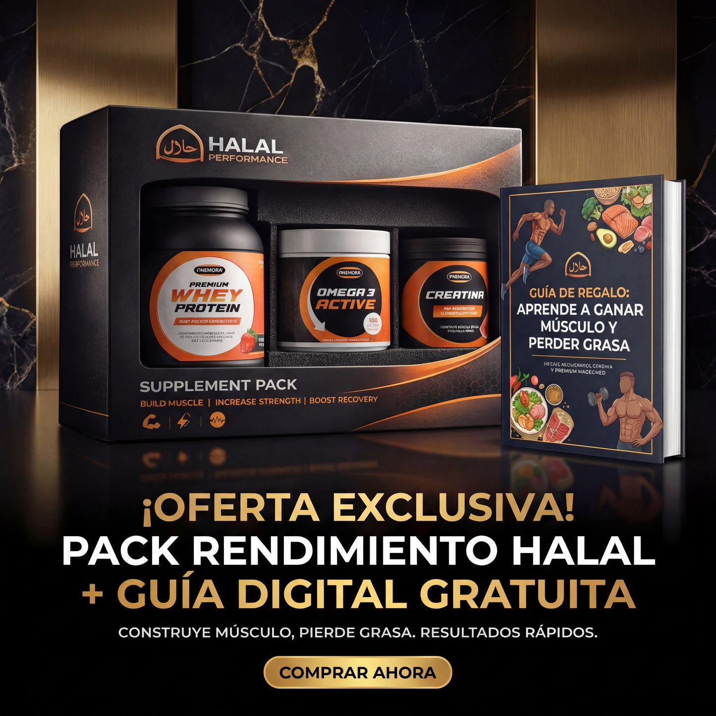 PACK HALAL PERFORMANCE (OMEGA 3 HALAL + PROTEÍNA + CREATINA + GUÍA GRATIS)